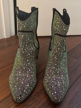 Black Rhinestone Cowboy Ankle Boots Western Booties Size 8.5 EU 39